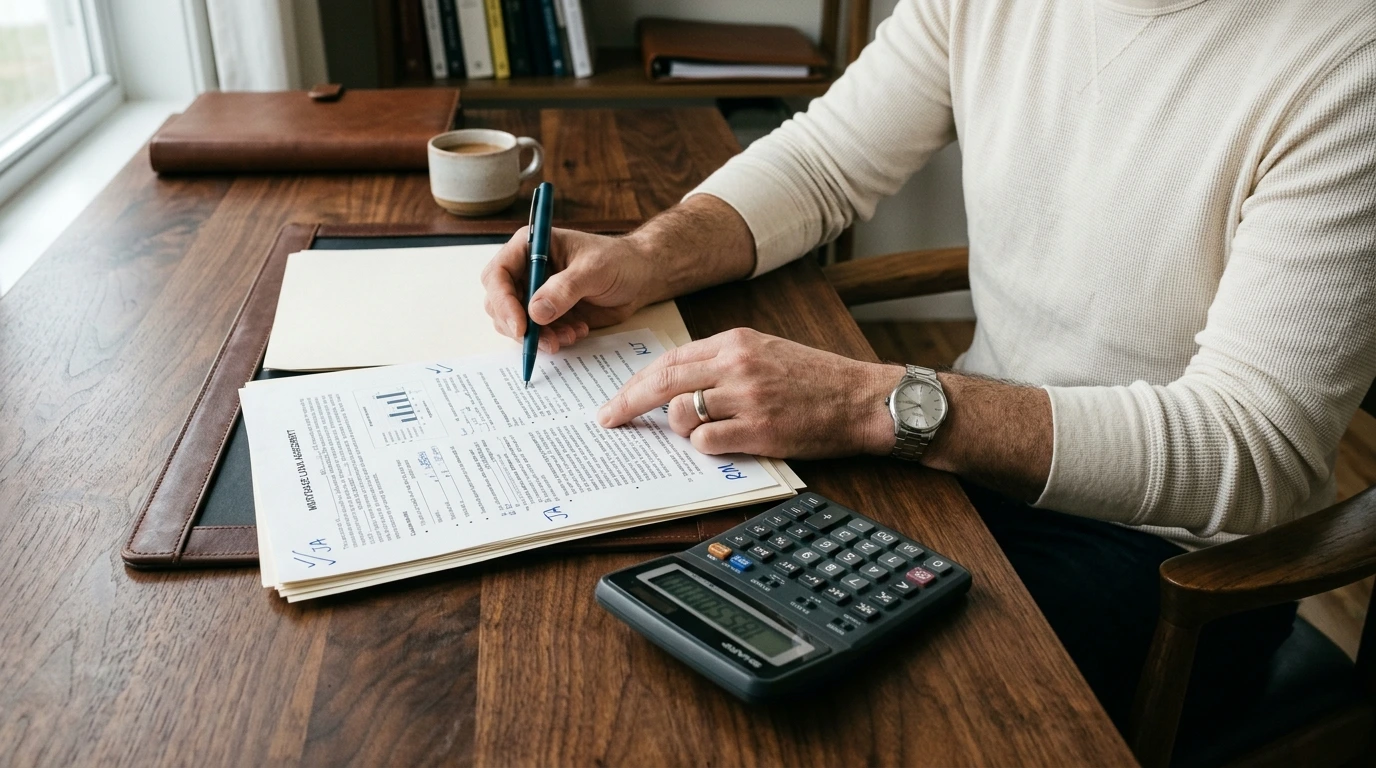 Persona che valuta un prestito personale con documenti e calcolatrice