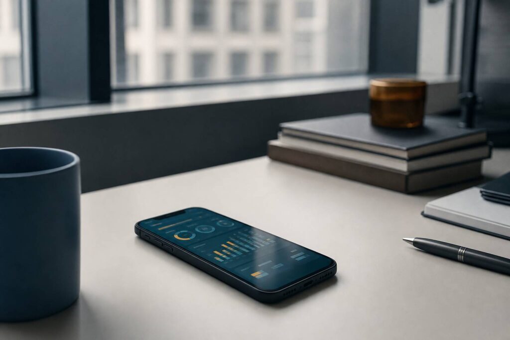 Smartphone avec applications de minicrédit et taux d'intérêt, ambiance éducative