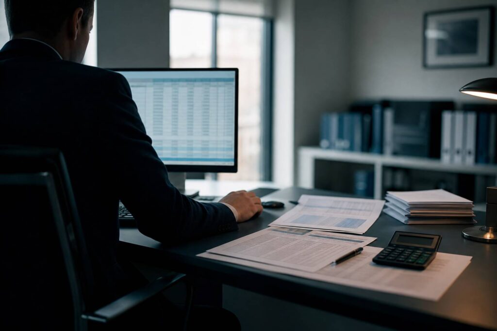 Fonctionnaire devant un ordinateur avec documents administratifs de prêt