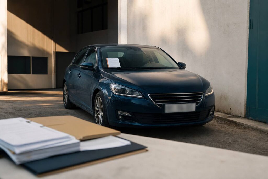 Voiture avec avis de saisie administrative et documents sur le capot