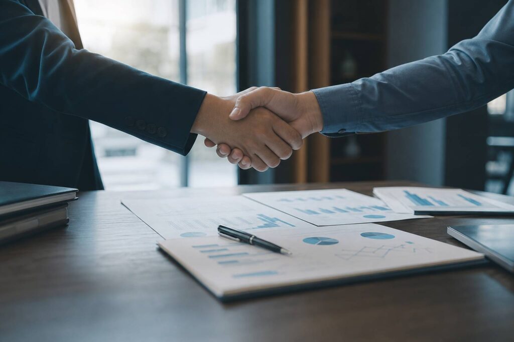 Poignée de main professionnelle avec documents de négociation de dettes sur la table