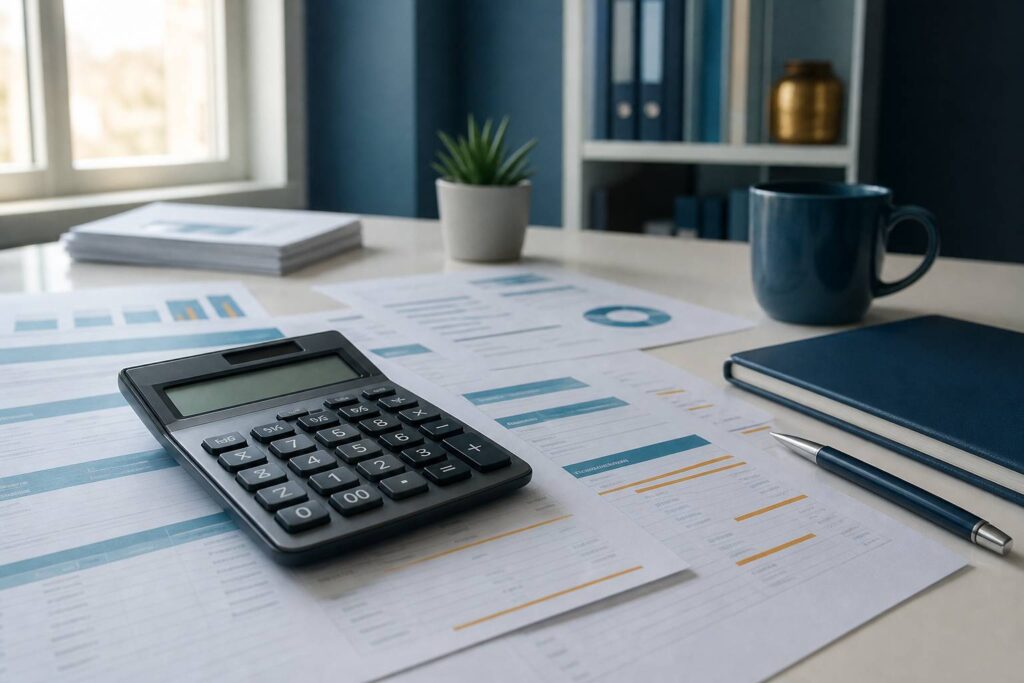 Relevés bancaires avec frais supplémentaires soulignés et calculatrice