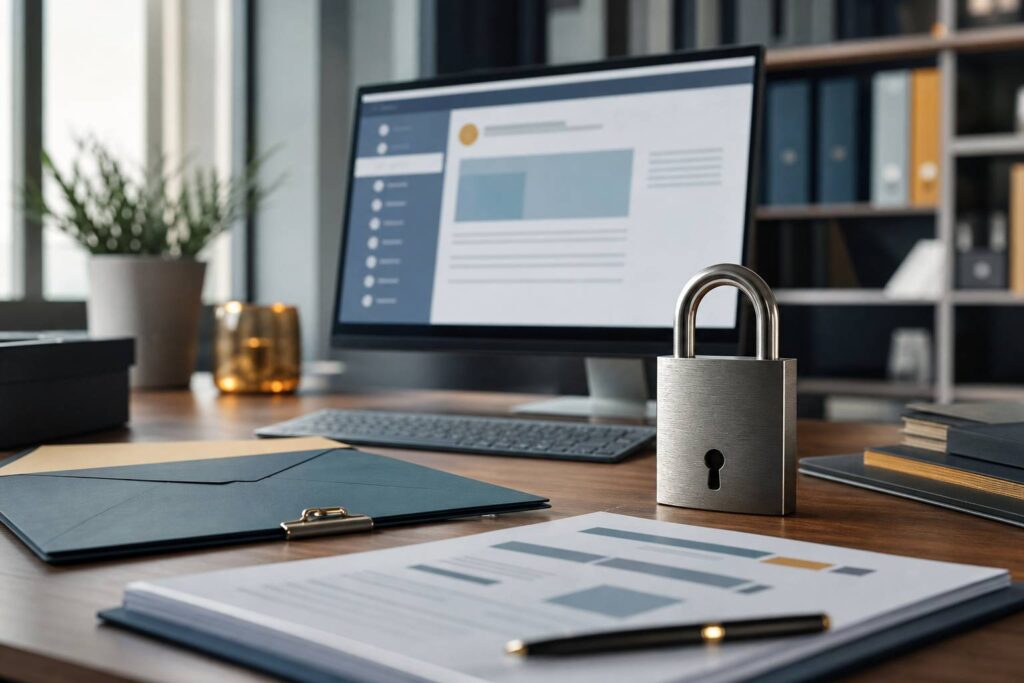 Écran d'ordinateur avec email frauduleux et documents de sécurité bancaire