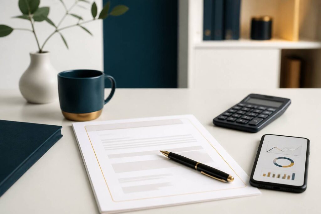 Bureau sobre avec contrat d'energie, calculatrice et smartphone