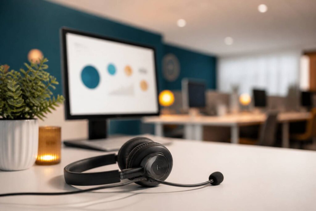 Centre de relation client moderne avec casque audio sur un bureau, ambiance sobre bleu pétrole et ambre