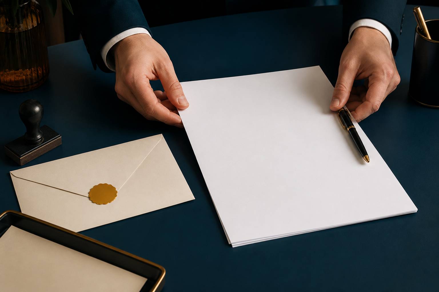 Mains posant un document vierge et un stylo sur une table