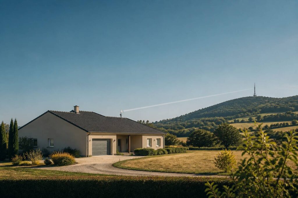 Maison individuelle avec antenne de réception Internet sur le toit et antenne-relais au loin dans un paysage rural