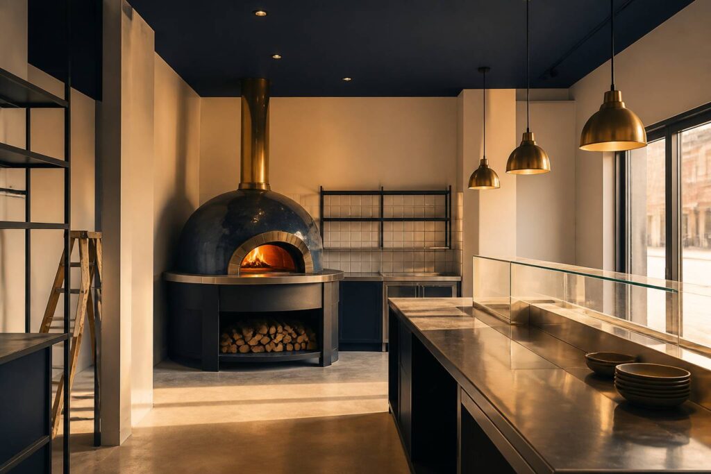Local de pizzeria en aménagement avec un four à bois professionnel