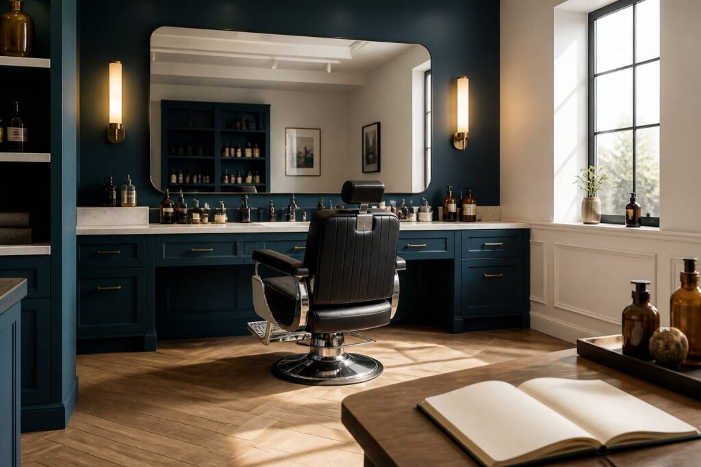 Barbershop en cours d'aménagement avec fauteuil et carnet de comptes