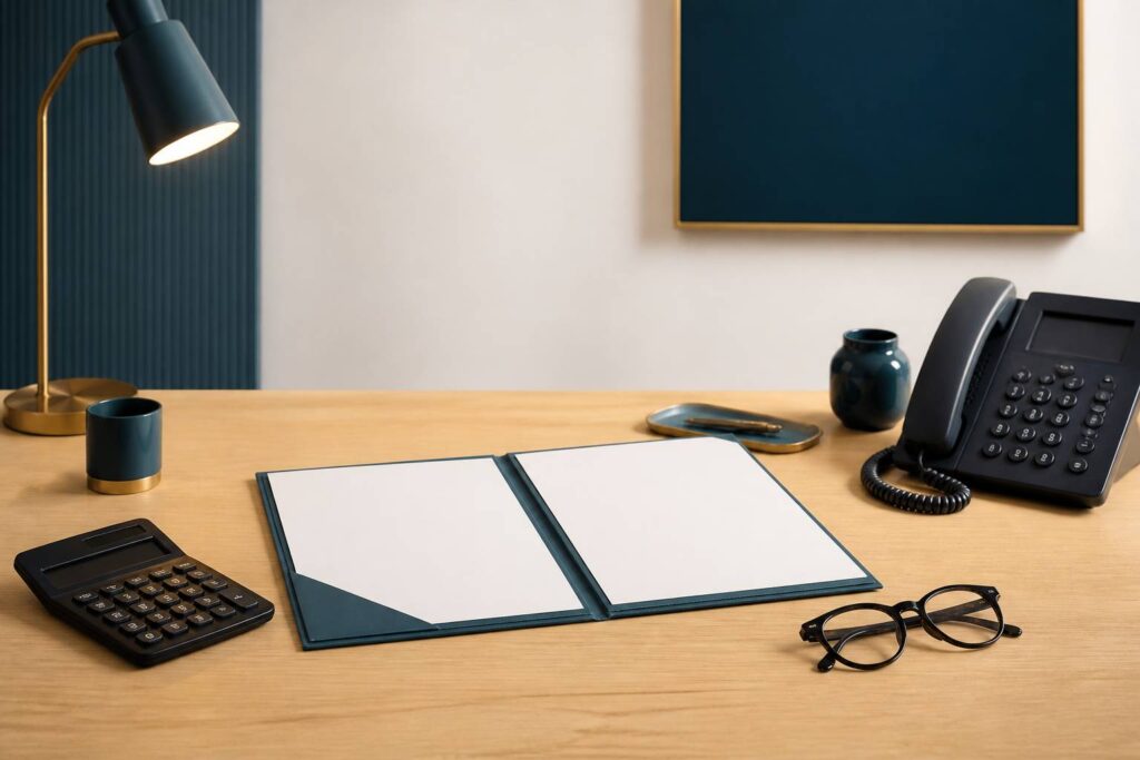 Ufficio sobrio con fascicolo sinistri aperto, telefono e calcolatrice sulla scrivania