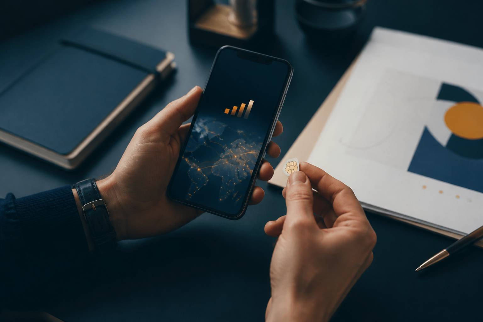 Mains insérant une carte SIM dans un smartphone