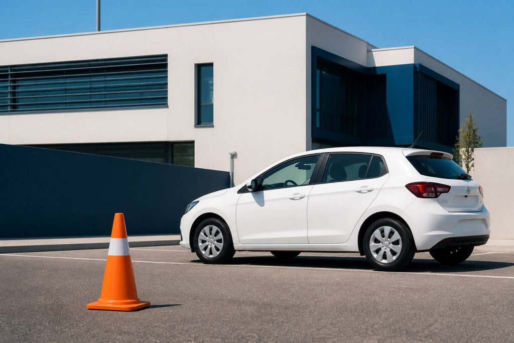 Voiture d'auto-école générique garée avec un cône de signalisation au premier plan