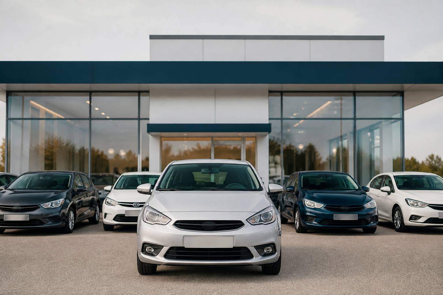 Voitures d'occasion alignées devant un showroom