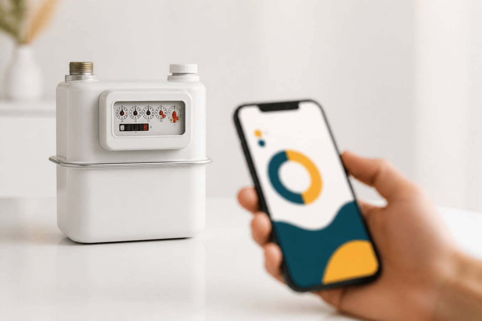 Compteur de gaz domestique blanc avec une main tenant un smartphone à interface abstraite