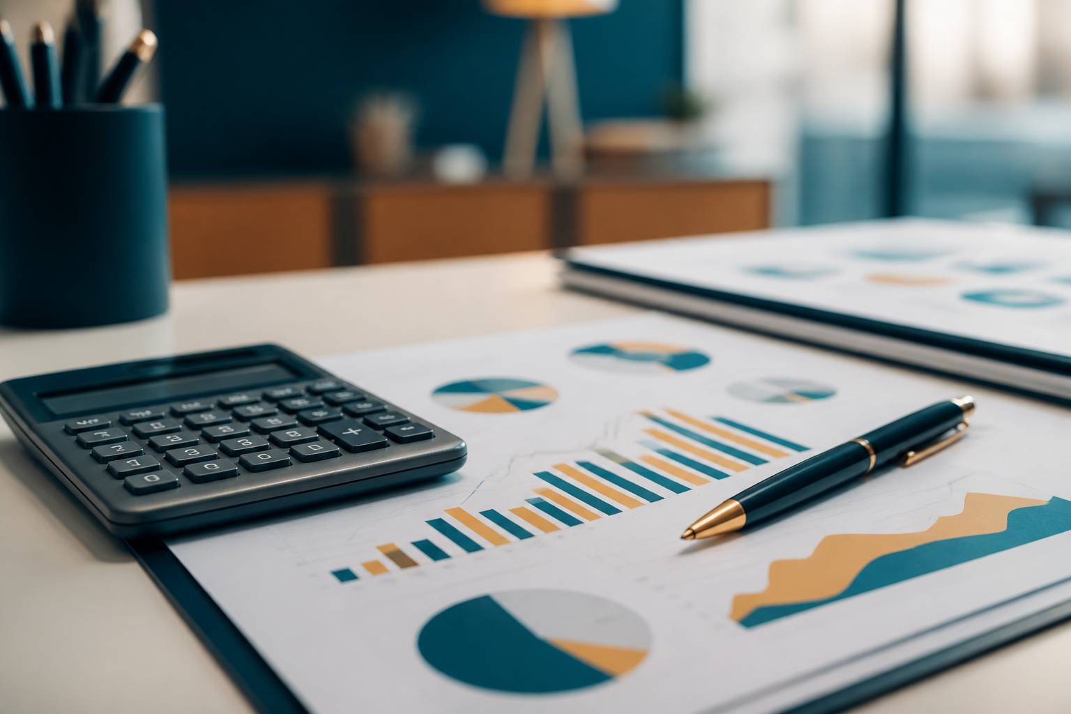 Documents financiers sans texte lisible avec calculatrice sur un bureau