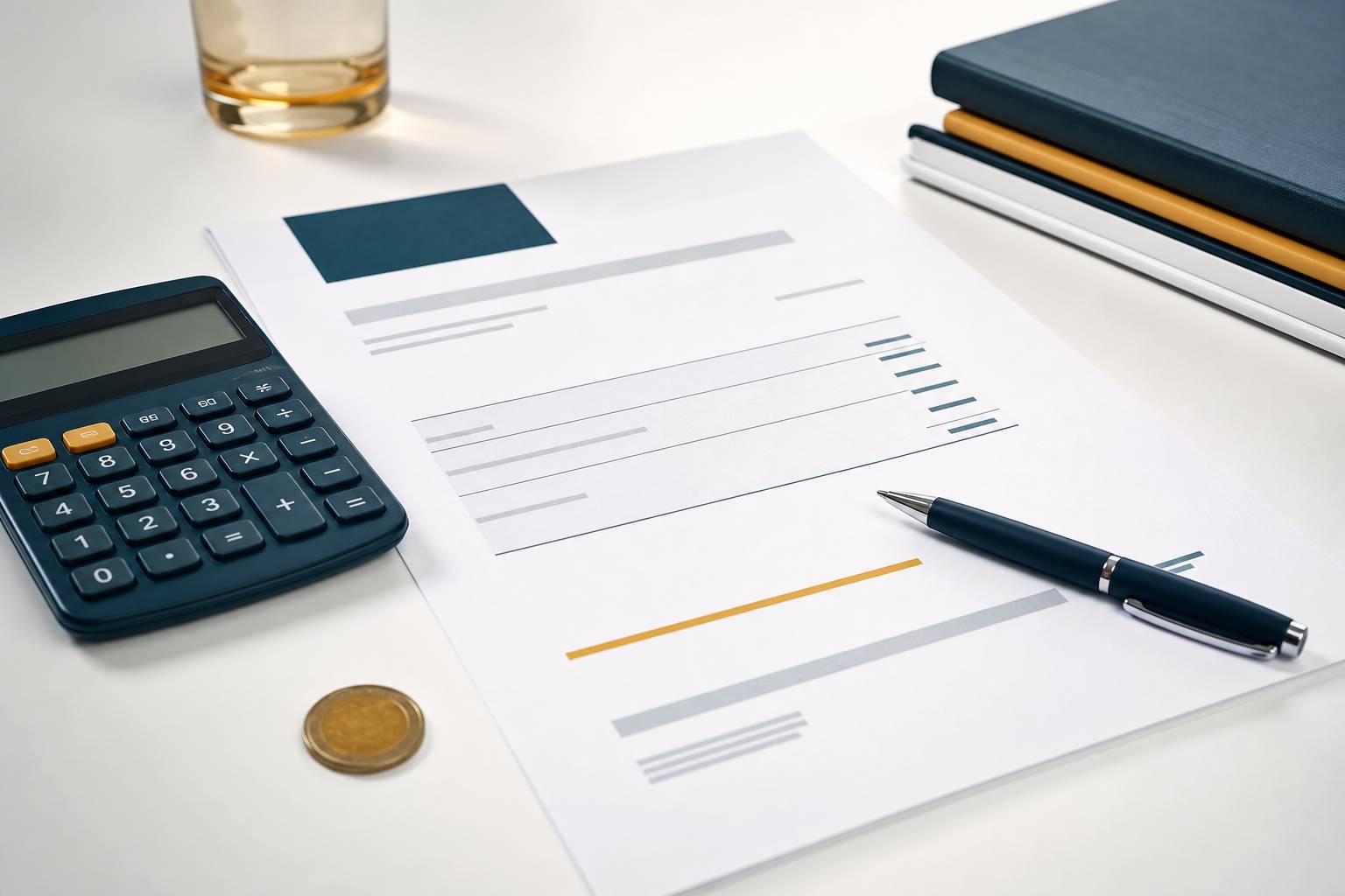 Bureau épuré avec calculatrice, stylo et document administratif aux montants soulignés, fond blanc cassé