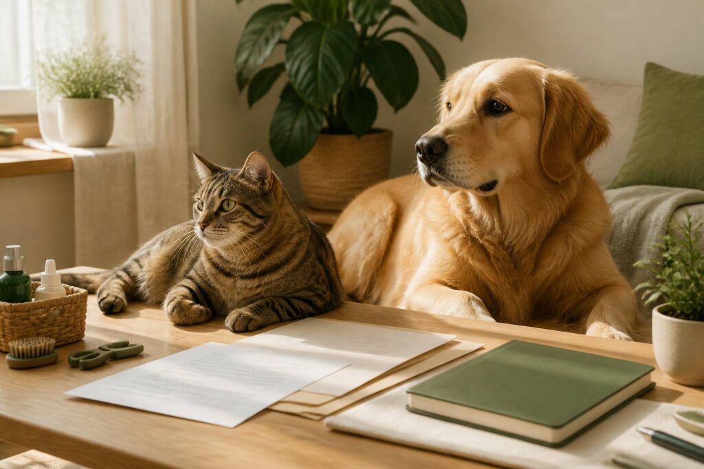 Chat et chien génériques près de documents et d'un carnet vétérinaire sur une table