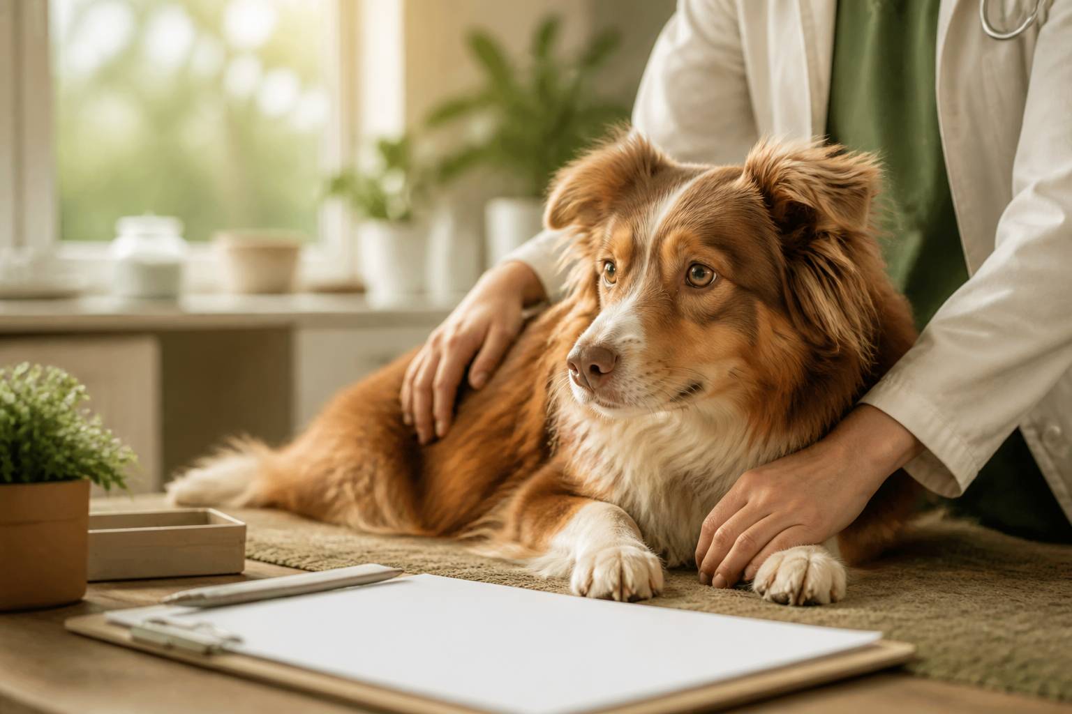 Main générique caressant un chien chez le vétérinaire avec documents au premier plan
