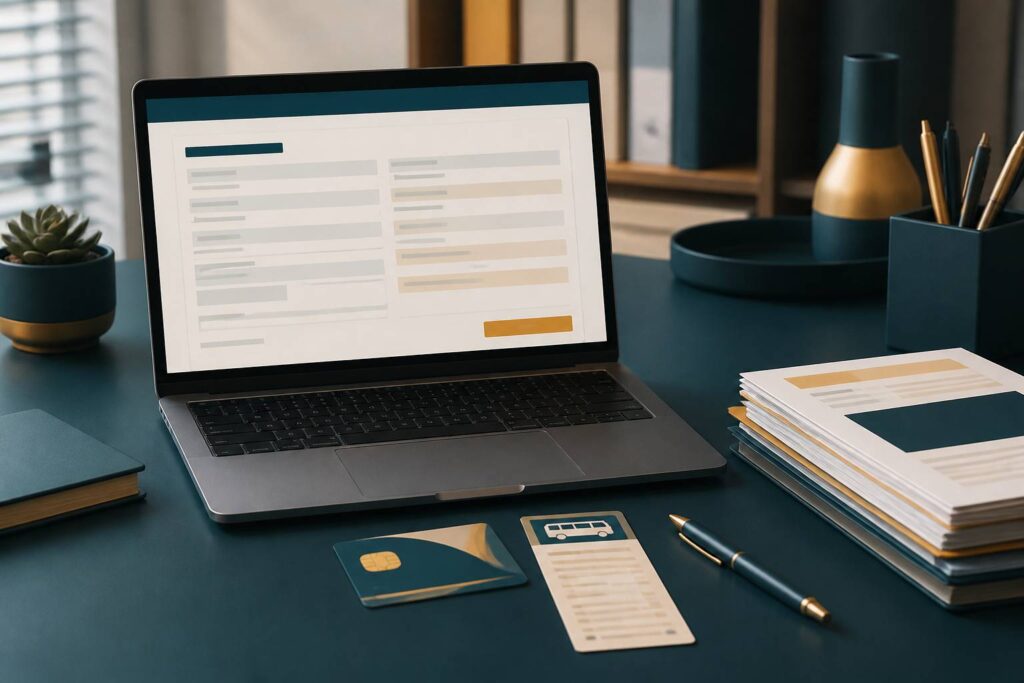 Bureau avec ordinateur, carte de transport et ticket de bus