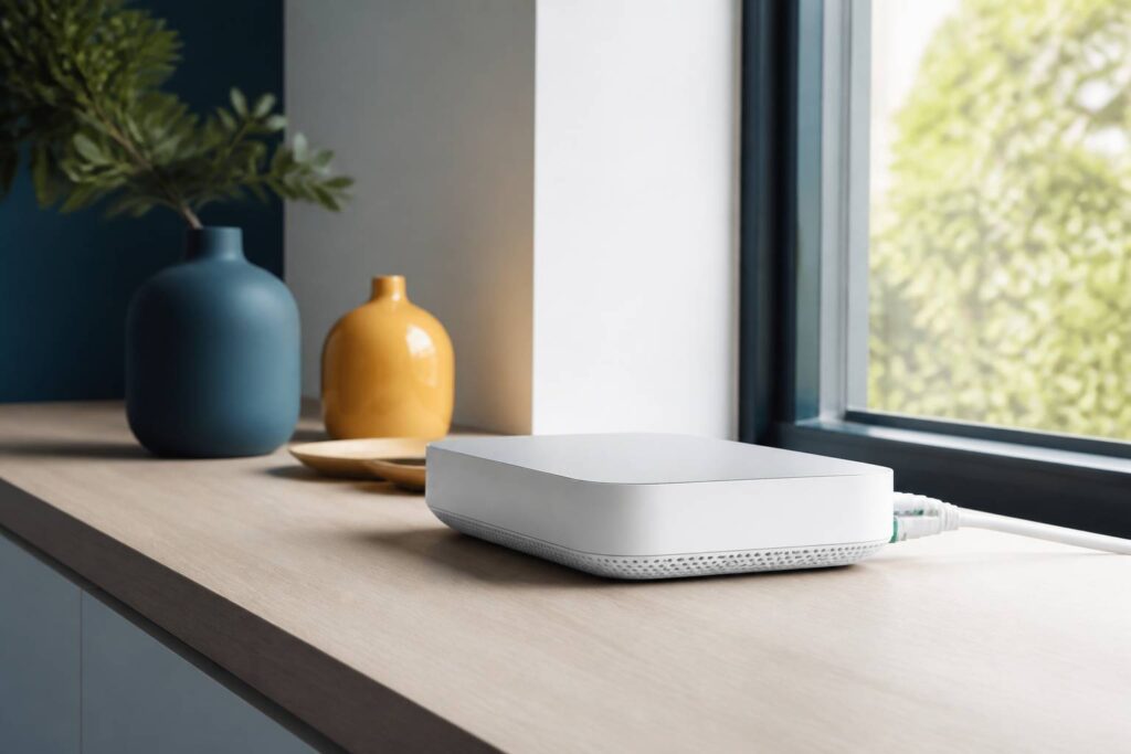 Box internet avec câble fibre optique sur une table claire