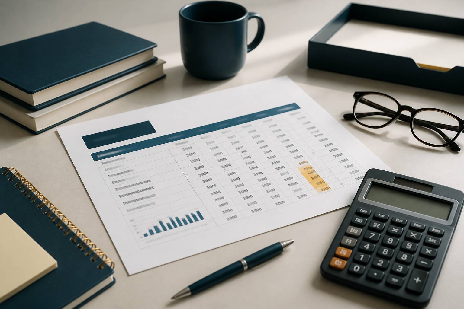 Feuille de paie de pension avec colonnes de chiffres, calculatrice et lunettes sur un bureau