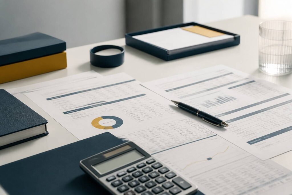 Documents de pension et tableau de calcul posés sur un bureau avec une calculatrice