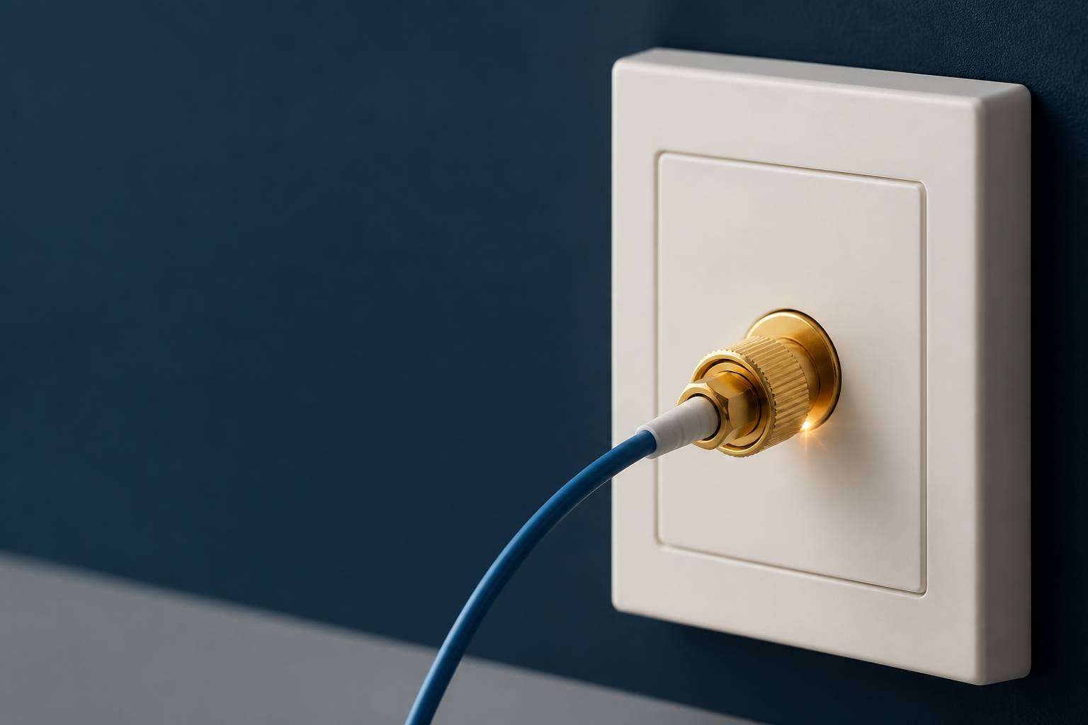 Connecteur fibre optique inséré dans un boîtier mural