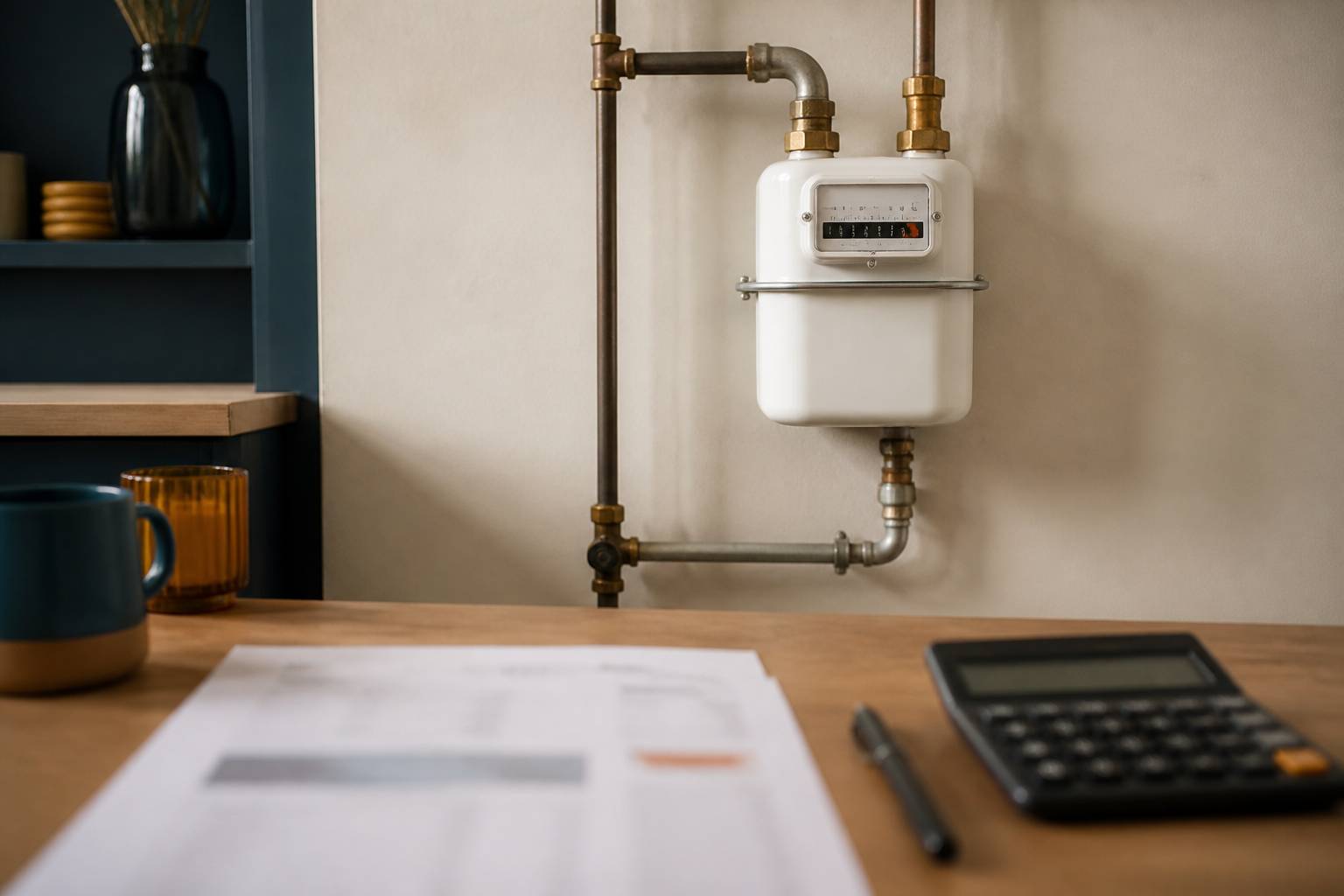 Compteur de gaz mural avec facture et calculatrice sur une table