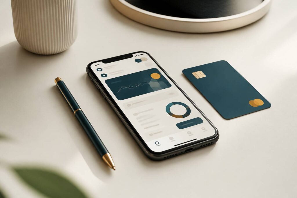 Smartphone avec application bancaire et carte sur un bureau sobre