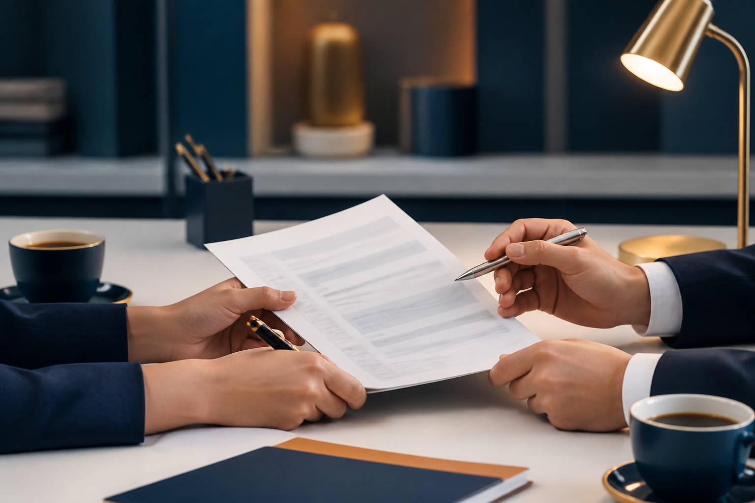 Mains tenant un document de police d'assurance aux lignes floues