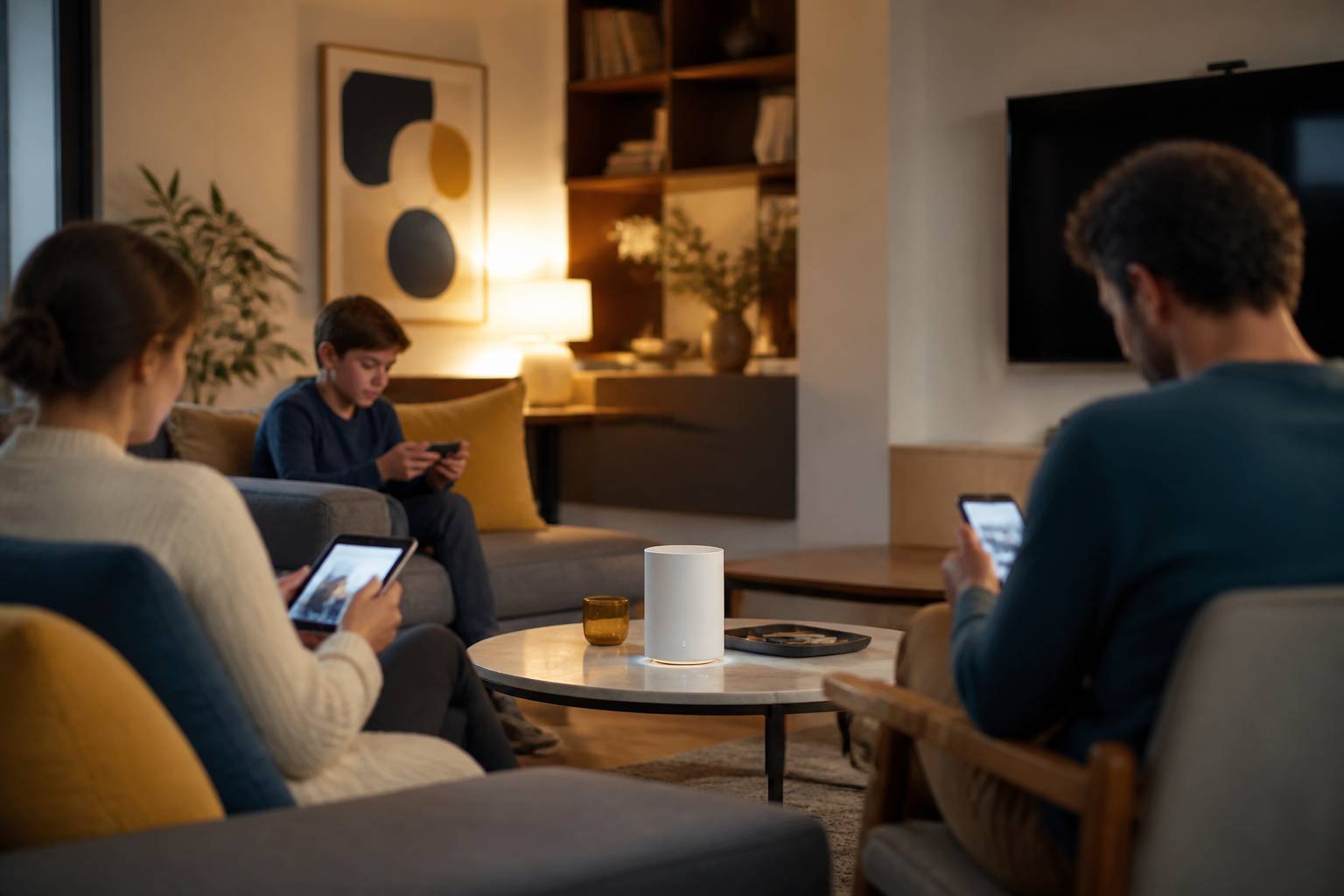 Famiglia riunita in soggiorno con tablet e smartphone collegati a internet senza fili