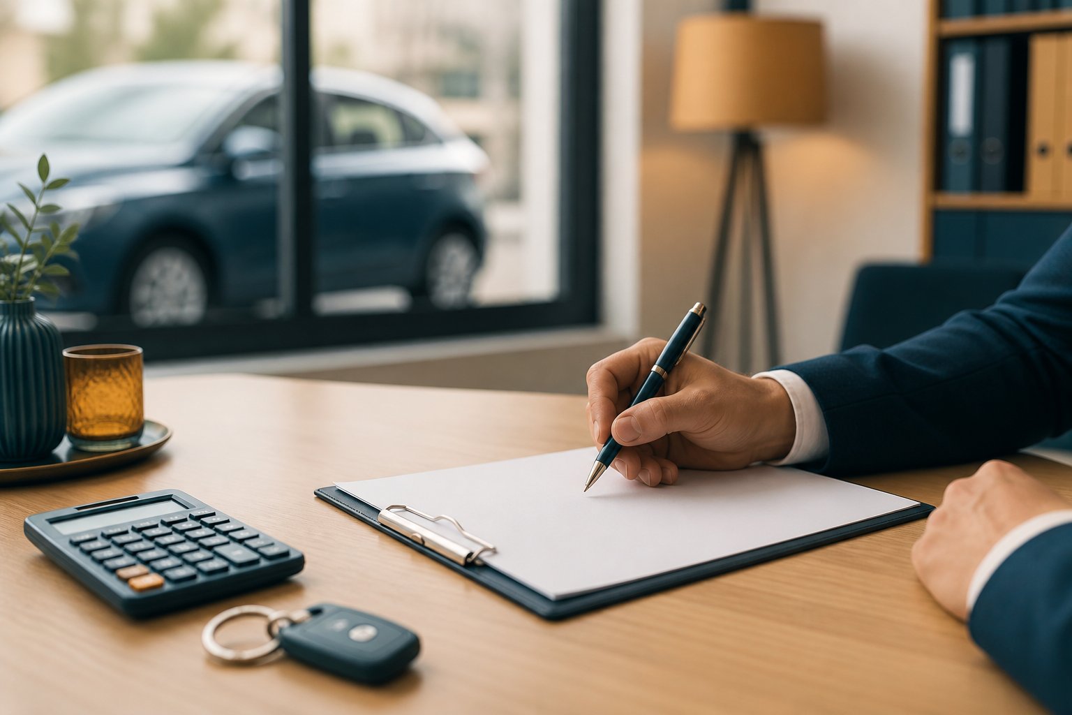 Main signant un contrat d'assurance temporaire sur une table en bois clair