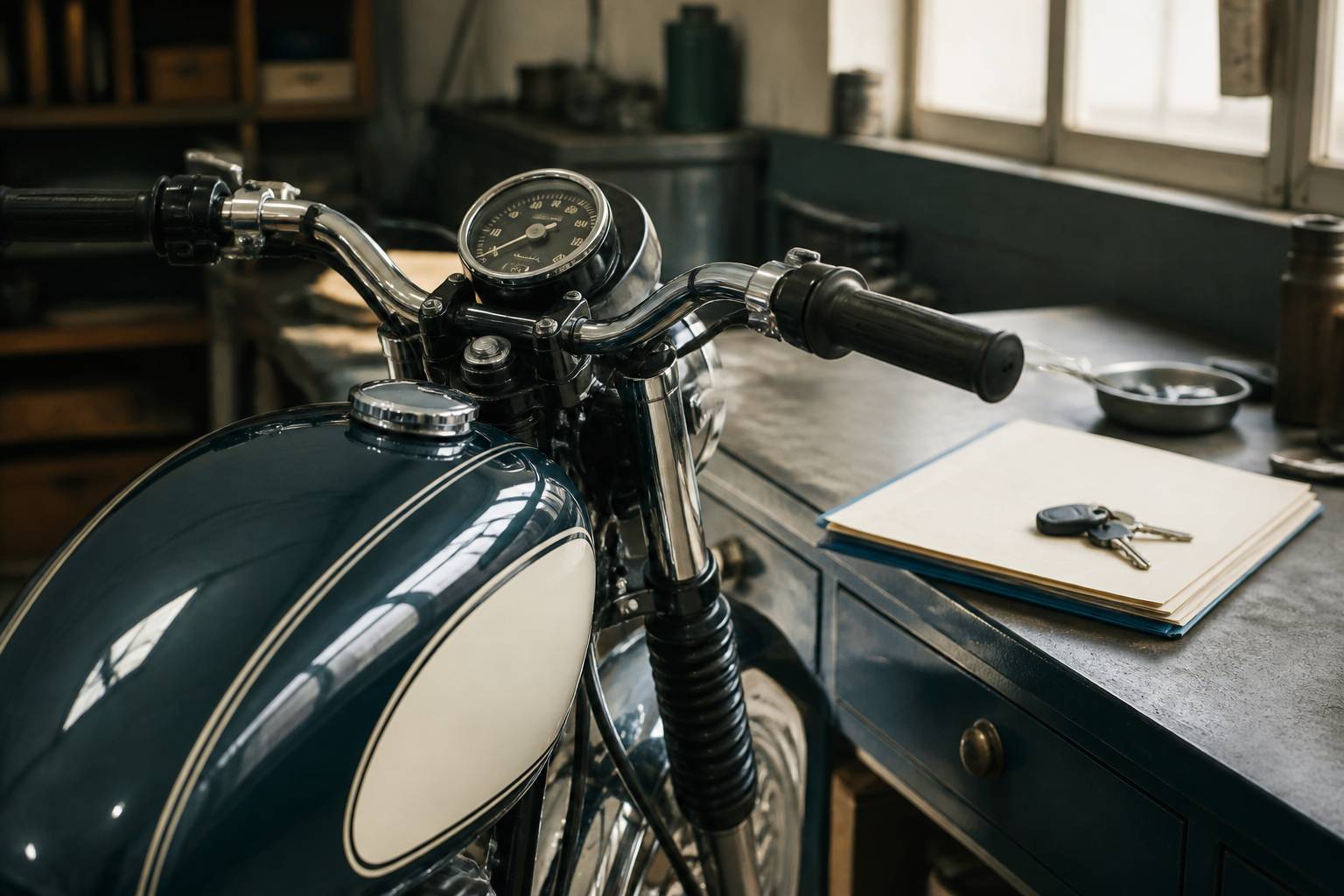 Détails d'une moto d'époque avec dossier d'assurance et clés dans le garage