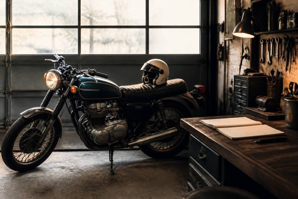 Moto vintage garée avec casque rétro et documents d'assurance sur l'établi
