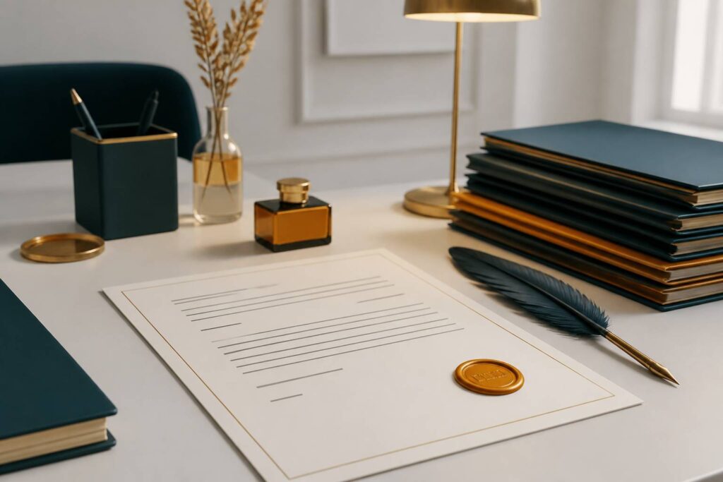 Document juridique sobre avec un sceau de cire et une plume sur un bureau