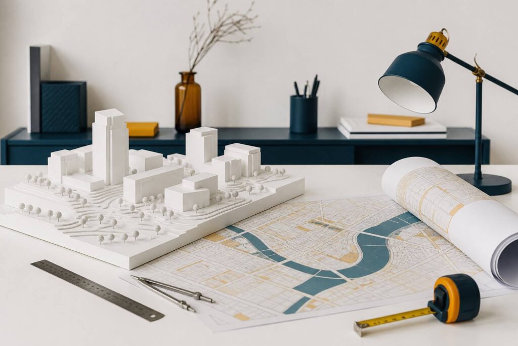 Plan d'urbanisme générique avec une maquette de terrain à bâtir