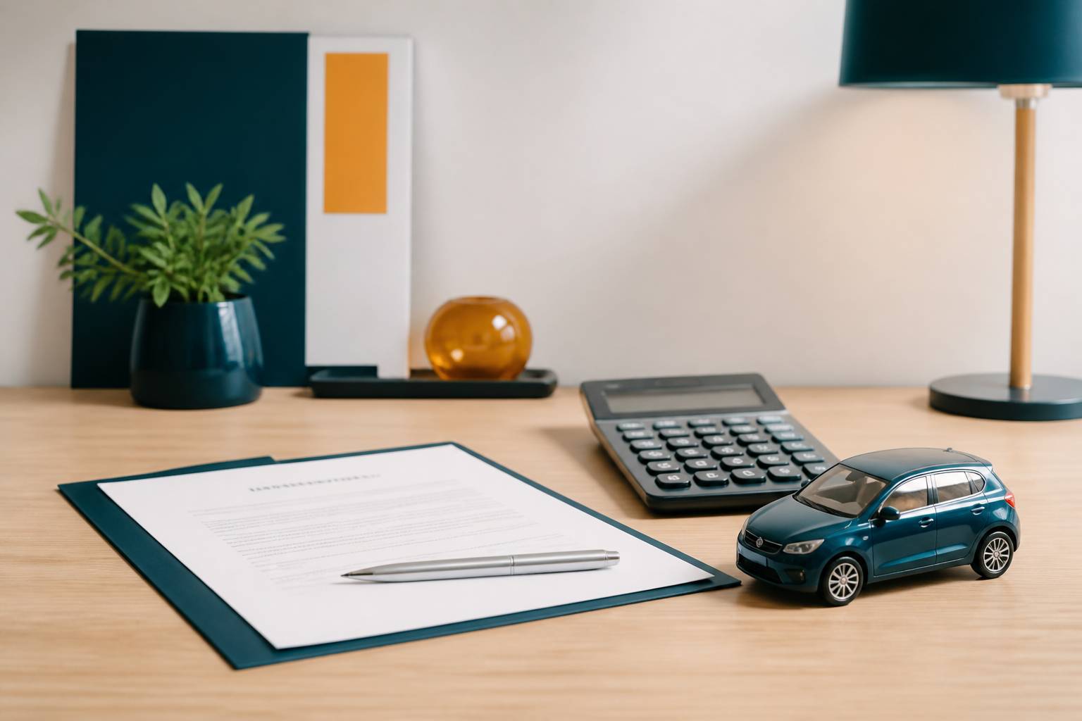 Document d'assurance sur un bureau avec voiture miniature et calculatrice