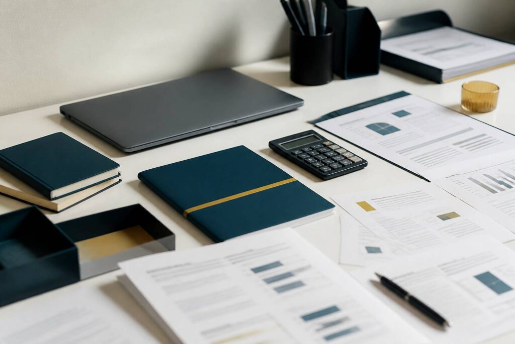 Documents d'assurance et de plan financier sur un bureau avec calculatrice