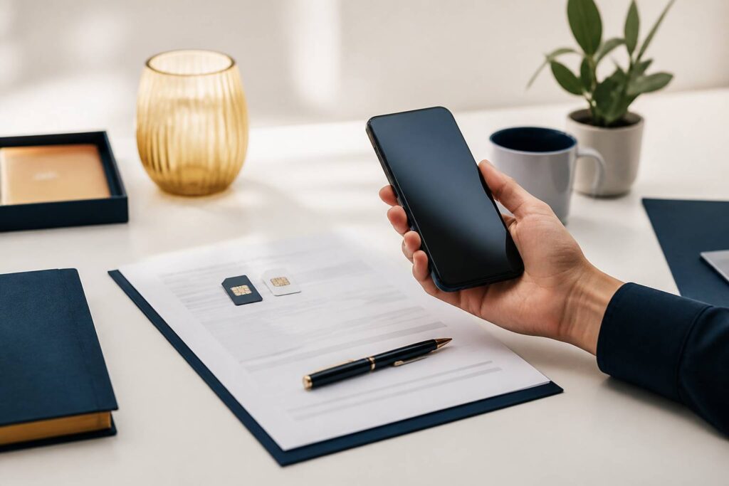 Main tenant un smartphone avec deux cartes SIM posées sur un contrat papier