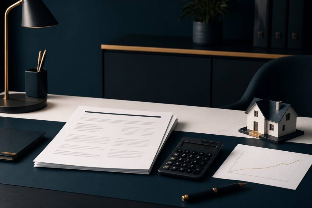 Bureau sobre avec documents de prêt et graphique de taux