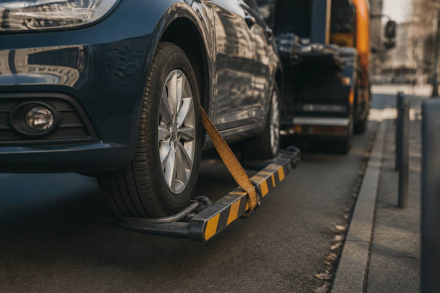 Roue de voiture soulevée par une sangle de dépanneuse sur l'asphalte