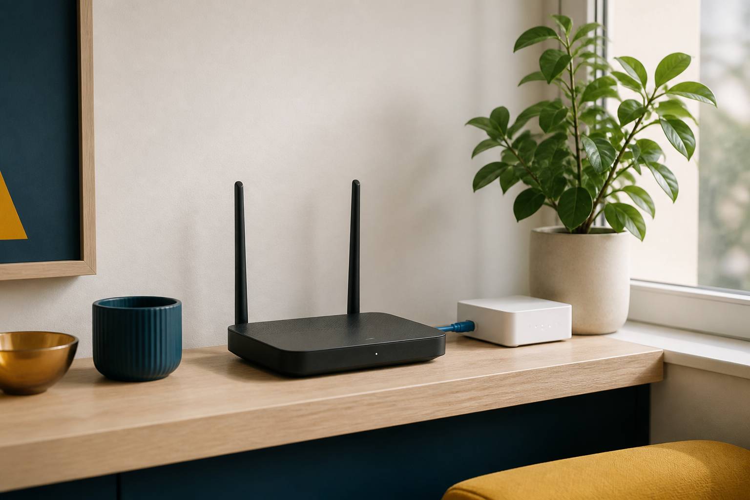 Routeur Wi-Fi moderne sur une étagère près d'une fenêtre avec câble Ethernet dans un bureau lumineux