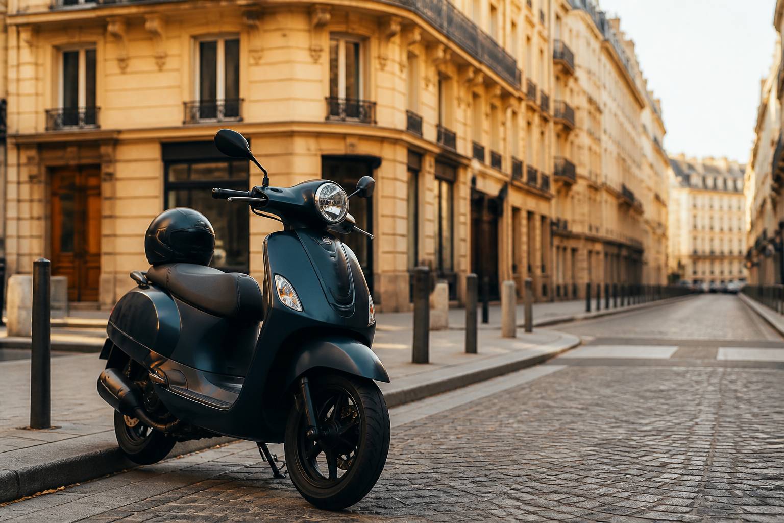 Scooter 125 cc générique à l'arrêt avec un casque sur la selle dans une rue de ville