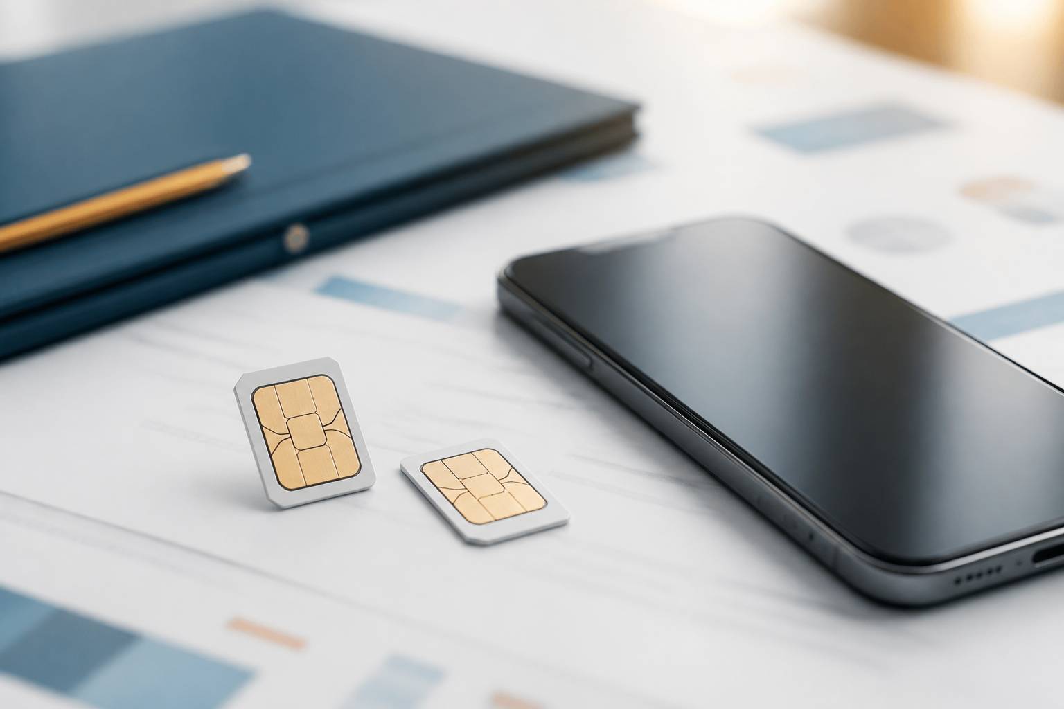 Deux cartes SIM sans logo et un smartphone posés sur des documents administratifs