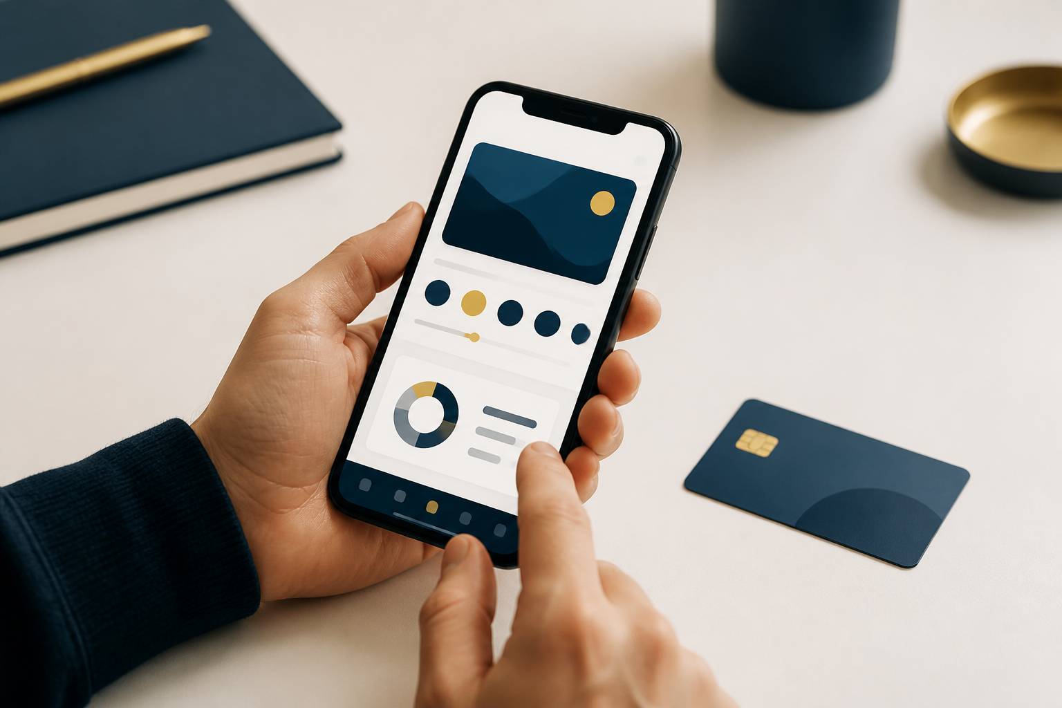 Mains tenant un smartphone bancaire avec une carte de paiement