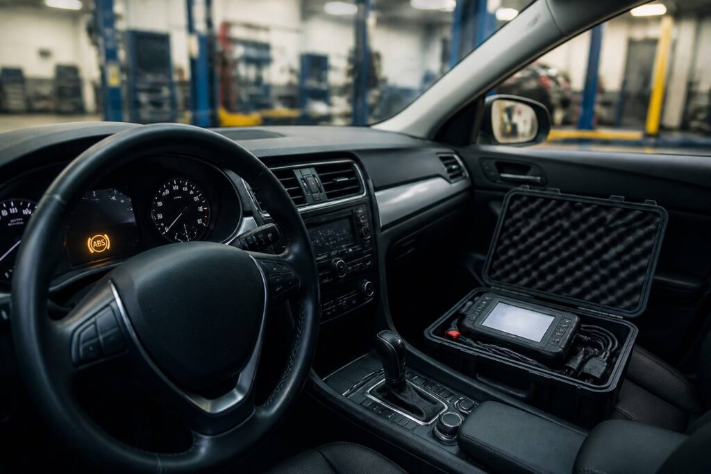 Tableau de bord de voiture avec le voyant ABS jaune allumé sur le compteur