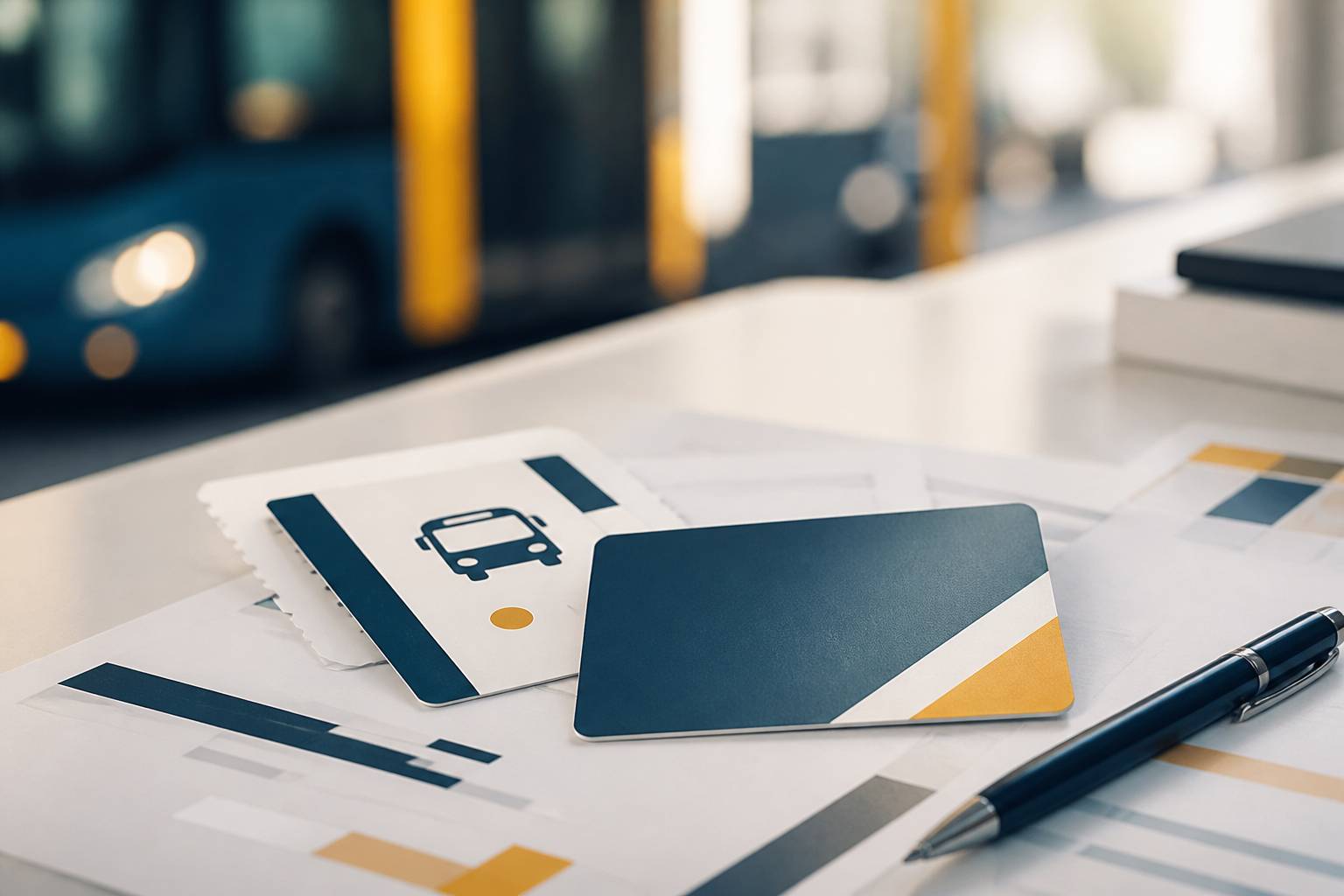 Ticket de bus et carte de transport posés sur des documents