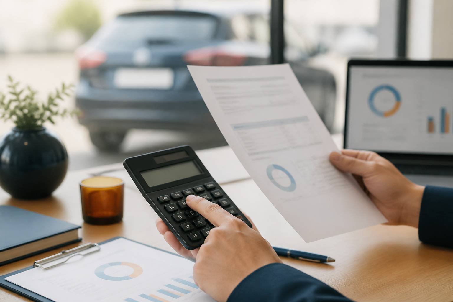 Mains tenant une calculette et un document administratif