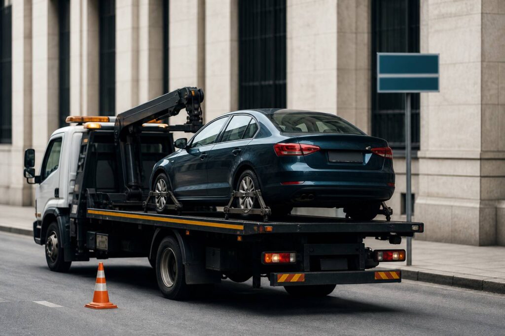 Voiture générique soulevée par une dépanneuse dans une rue avec un cône