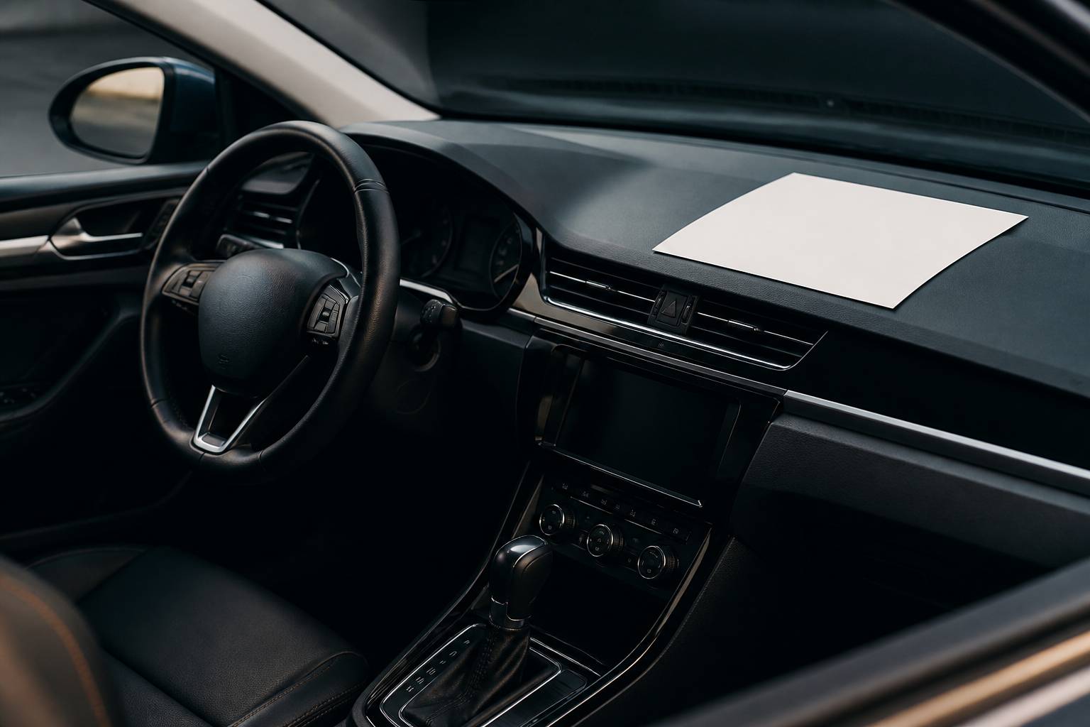 Volant de voiture avec un document administratif vierge sur le tableau de bord